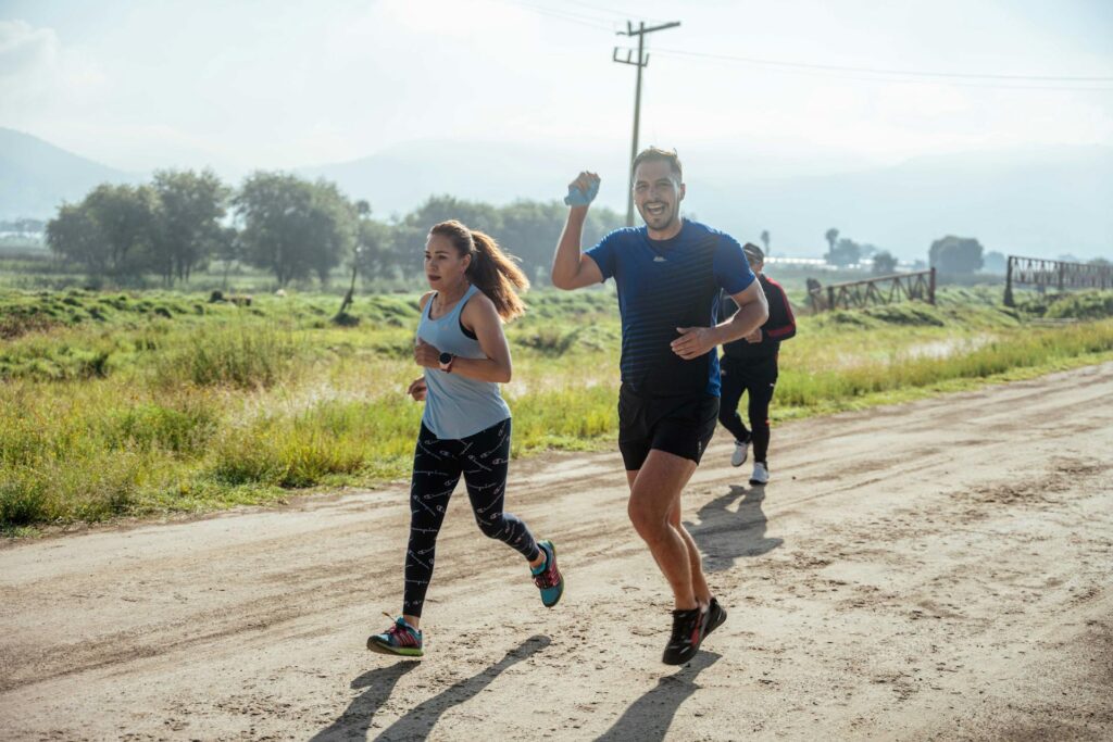 woman and man running